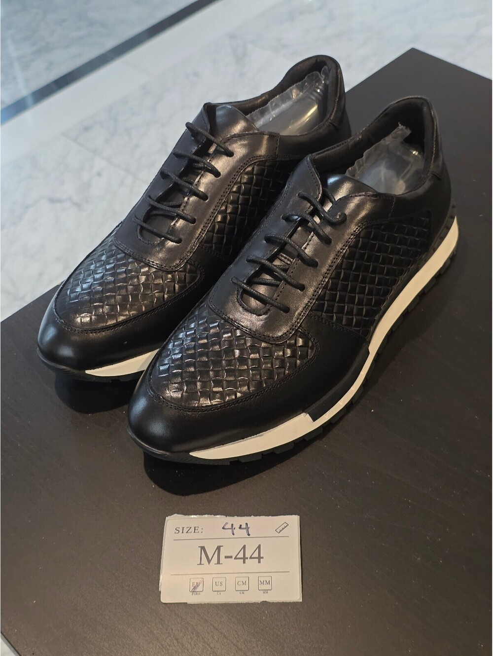 Men's Black Leather Sneakers with Woven Detail